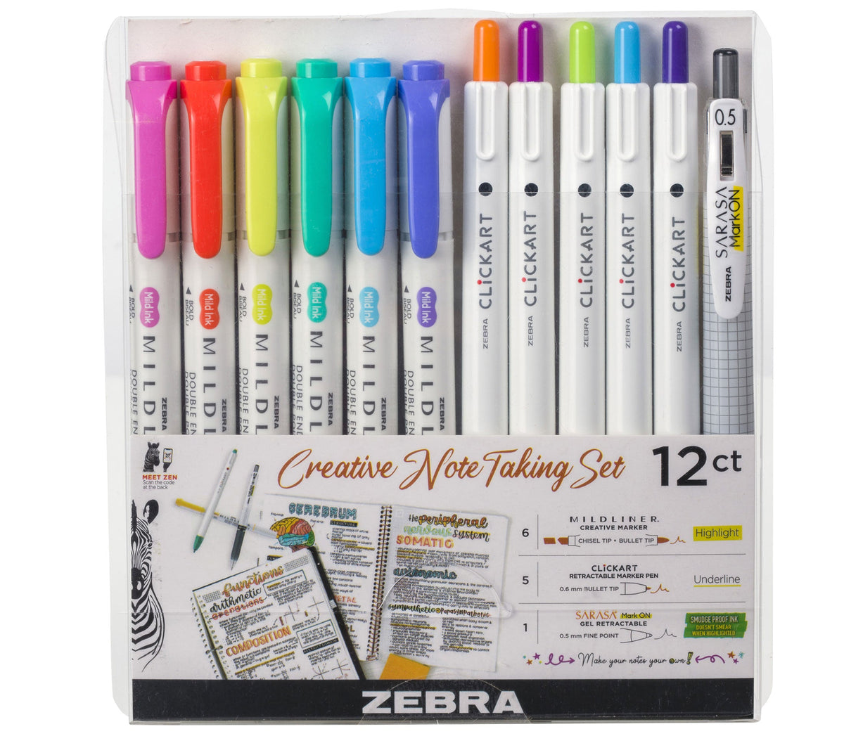Zebra Creative Note Taking Set, 12 Highlighters and Pens