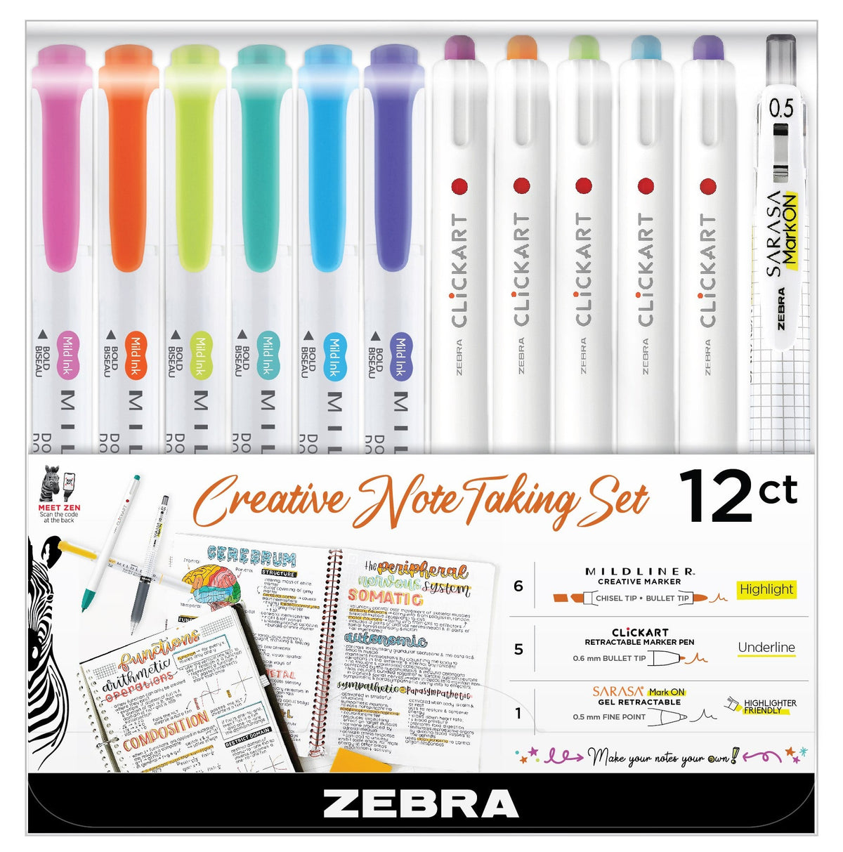Zebra Creative Note Taking Set, 12 Highlighters and Pens - view 2