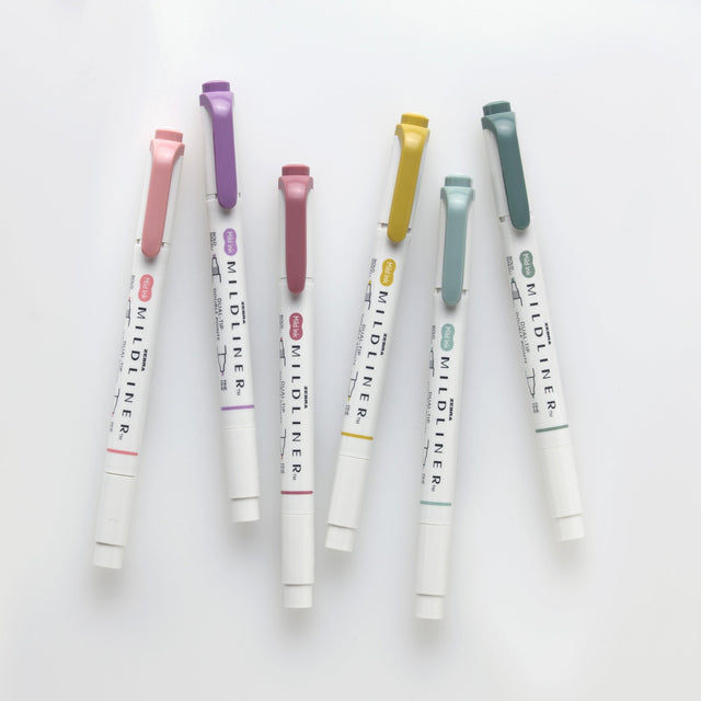 Six Zebra Mildliner dual-tip highlighters in mild colors